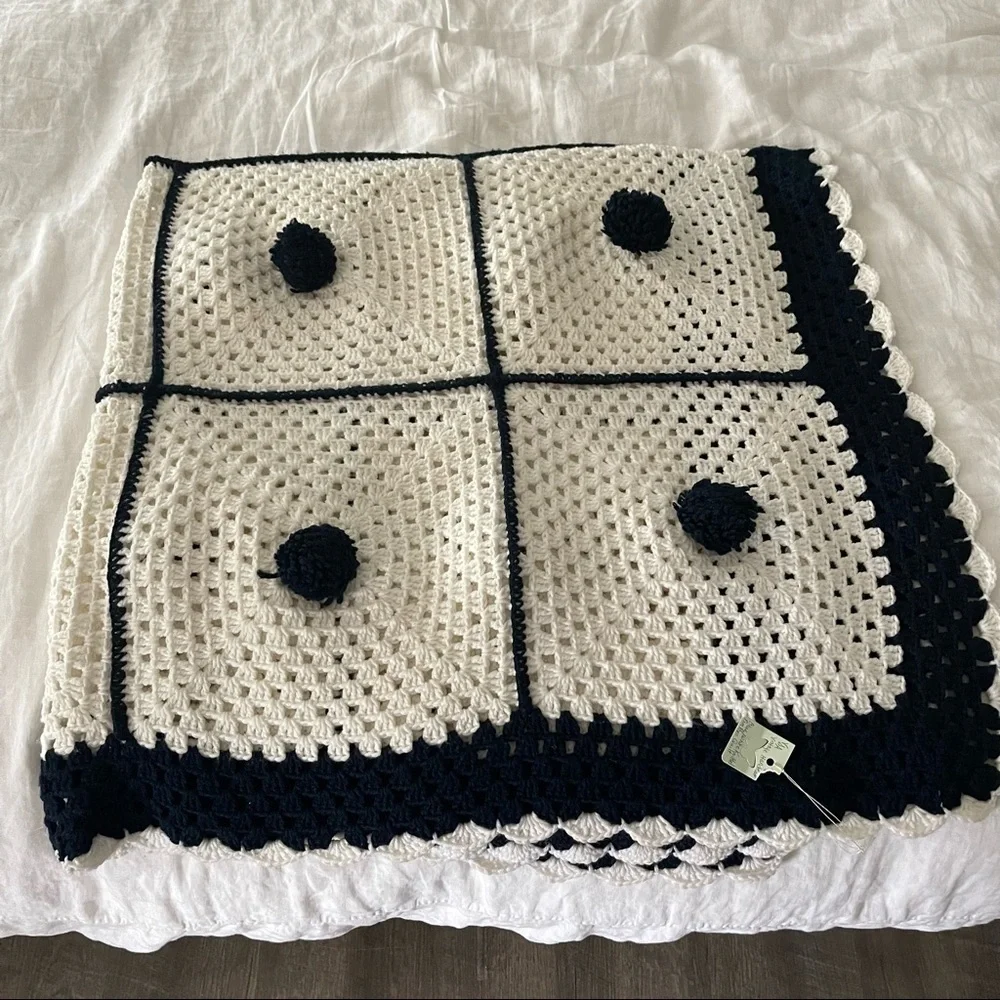 Vintage Handmade Blue White Pom Pom Granny Afghan Blanket 60x60